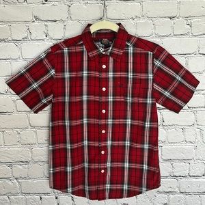 Boys Wrangler Jeans Red Plaid Short Sleeve Button Down Shirt Sz L (10/12)